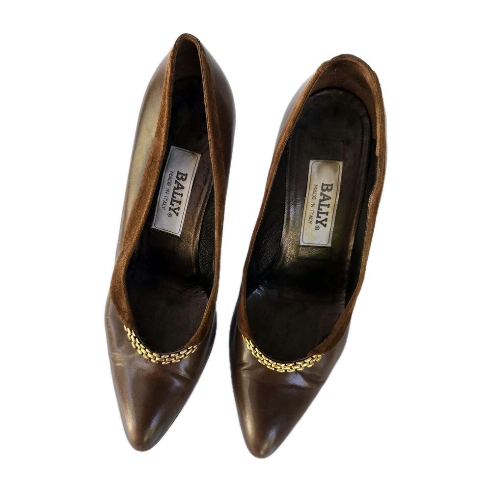 BALLY Chocolat Brown Old Money Leather Suede Trim Gold Heels Brown Shoes Sz 8 N